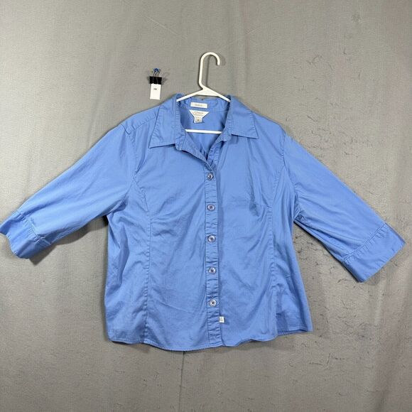 Tops - CJ Banks Womens Button Up Top Long Sleeve  Blue Stretch Plus Size 1X
